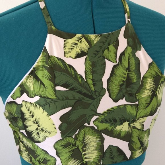 Palm Banana Leaf Halter Open Back Crop Top - Picture 2 of 6